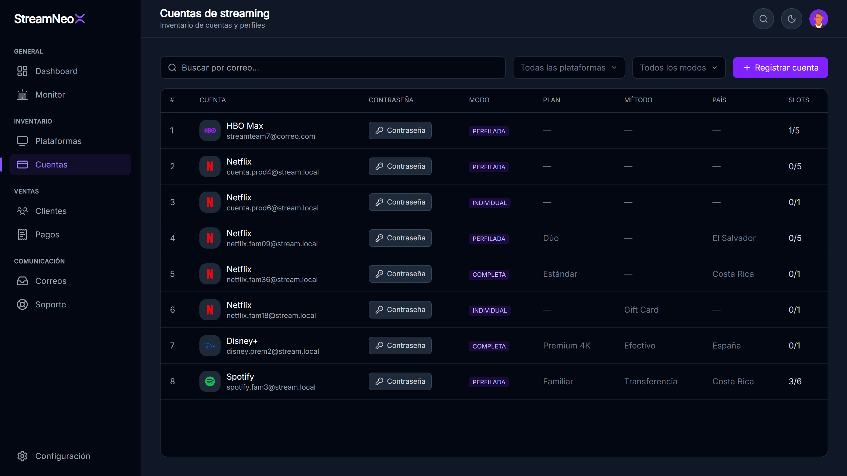 Cuentas de streaming